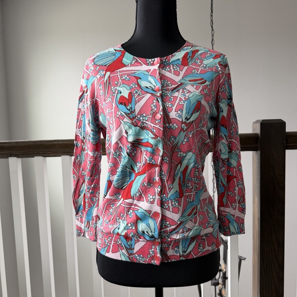 Talbots Bird Pink Blue 3/4 Sleeve Cardigan Sweater Small Petite Novelty Cottage